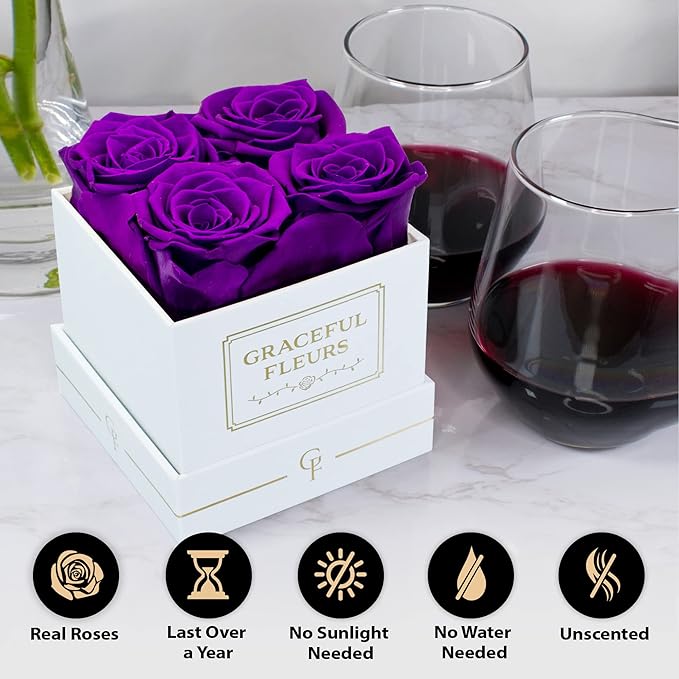 Graceful Fleurs | Real Long Lasting Roses for Years | Preserved Fresh Flowers for Delivery Birthday | Birthday Gifts for Women | Forever Roses in a Box (Purple, White Box, 4 Roses)
