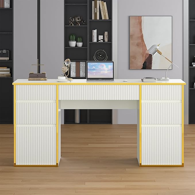 58 Inch White Desk with 7 Drawers, White and Gold Computer Desk with File Drawers for Bedroom, Home Office Desk for Study, Living Room