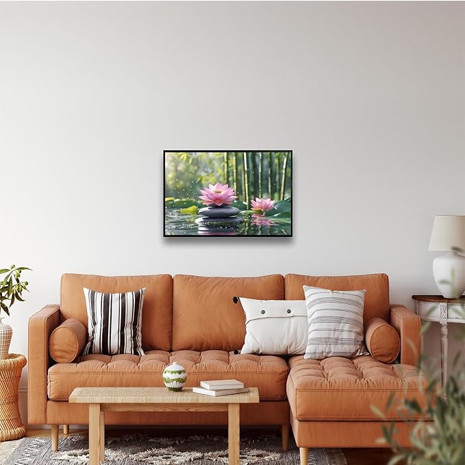 Ethereal pink lotus on obsidian Sunlit bamboo forest with sparkling water drops Poetic nature inspired wall art for tranquil homes and mindful spaces 20x30in Metal blackFramed