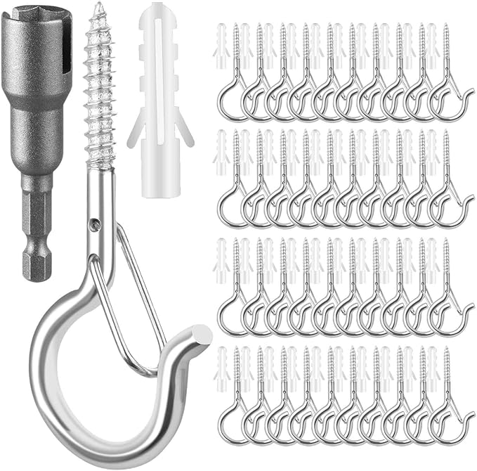 FSAH 96 PCS Q-Hanger Hooks, Screw Hooks for Outdoor String Lights, Safety Buckle Design Cup Eye Hook for Hanging Christmas Lights, Plants, Mounted on Wall Ceiling, Include 1 Wing Nut Driver, Silver