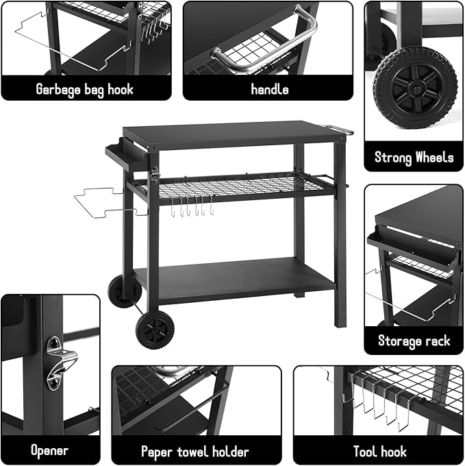 DNKMOR Dining Cart Table with Three Shelf, Movable Outdoor BBQ Grill Pizza Oven Stand with Three Hooks, Kitchen Cart Island Multifunctional Food Prep Table for Inside and Outside (Black)