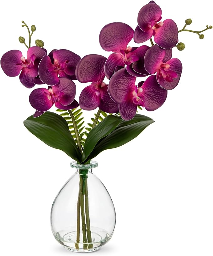 Oairse Purple Orchids Artificial Flowers, Faux Orchid in Glass Vase Real Touch Small Phalaenopsis Orchid Flowers Arrangements with Clear Vase Orchids Centerpiece for Dining Room Table