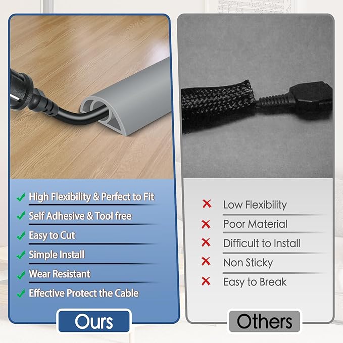 Floor Cord Cover for Wires on Floor Self Adhesive Cord Hider Floor Cable Management Wire Covers for Cords Protector Prevent Cable Trips Cord Cavity W 0.32" x H 0.32", Gray, 10Ft