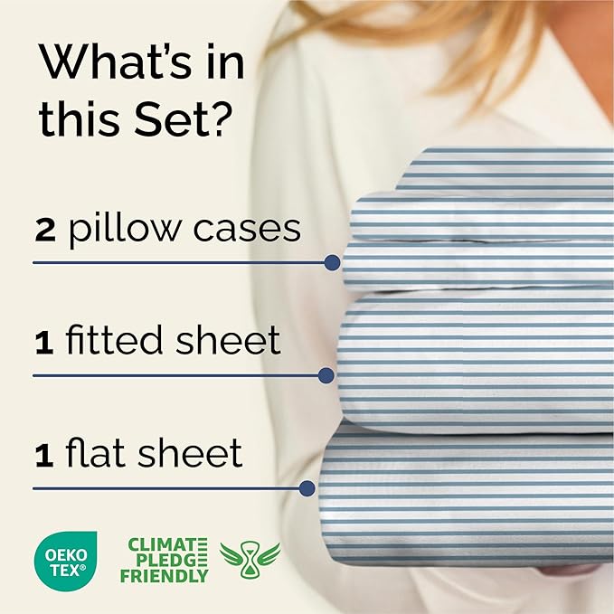 Striped Sheets - Blue & White Striped Sheets - 1 Flat & 1 Fitted & 2 Pillowcases w/ Deep Pockets – Wrinkle & Fade Free - Ultra-Soft, Breathable & Cooling - Luxury Pinstripe Bedding - Cal King Size Set