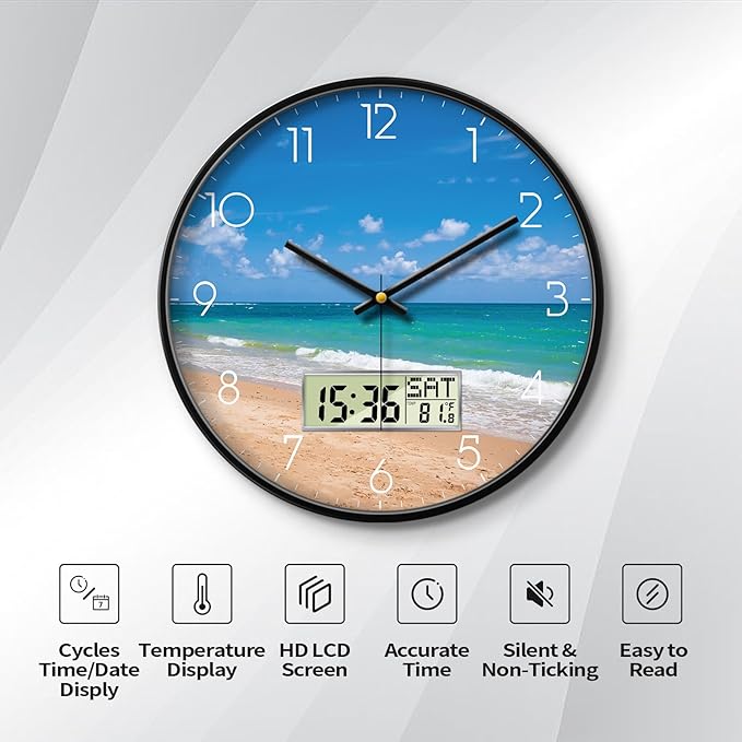 Coastal Beach Wall Clock, 14 Inch Silent Non-Ticking Battery Operated Analog Clock with LCD Date Day Temp Display, Decorative for Living Room, Bedroom, Kitchen, Beach House, Coastal Homes