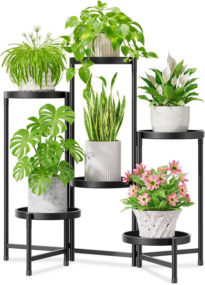 iDavosic.ly 6 Tier Large Plant Stand Indoor with 10 Inch Wide Tray, Tiered Corner Metal Outdoor Flower Display Holder Shelf, Folding Tall Rack for Patio Porch Living Room, Modern Black