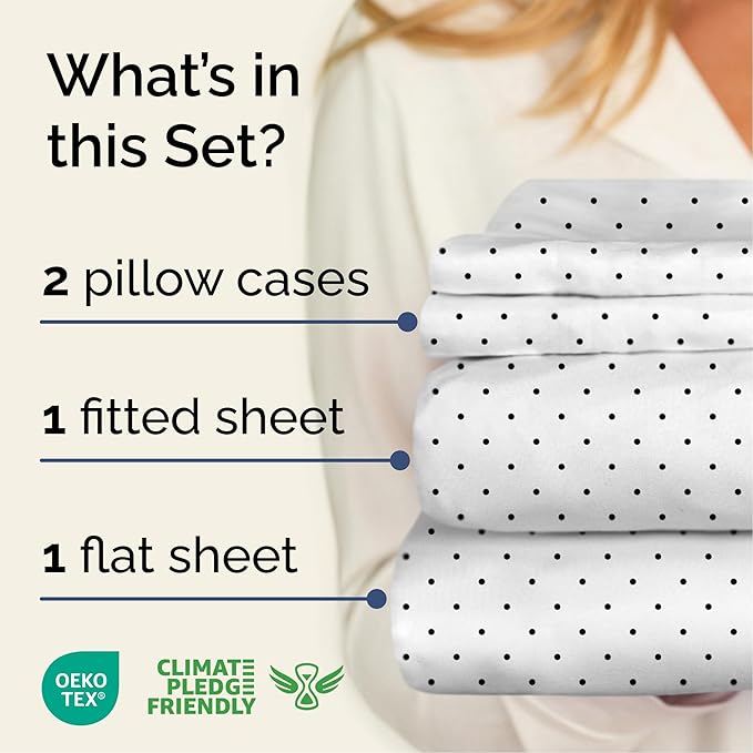 Blue Polka Dots Bed Sheet Set – 1 Flat & 1 Fitted Sheet & 2 Pillowcases w/ Deep Pockets – Polka Dot Bedding - Wrinkle & Fade Resistant - Soft, Breathable & Cooling - Comfy, Luxury Bed Set - Full Size