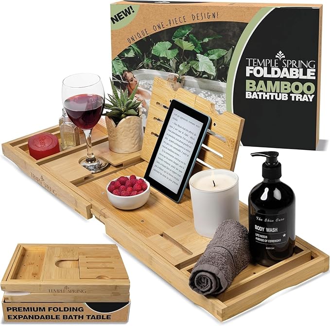 Temple Spring Foldable Bamboo Bathtub Tray Caddy for Tub — Expandable One-Piece Wood Bath Table with Wine Holder Book Stand and Non-Slip Pads — Space-Saving Bath Caddy — Housewarming