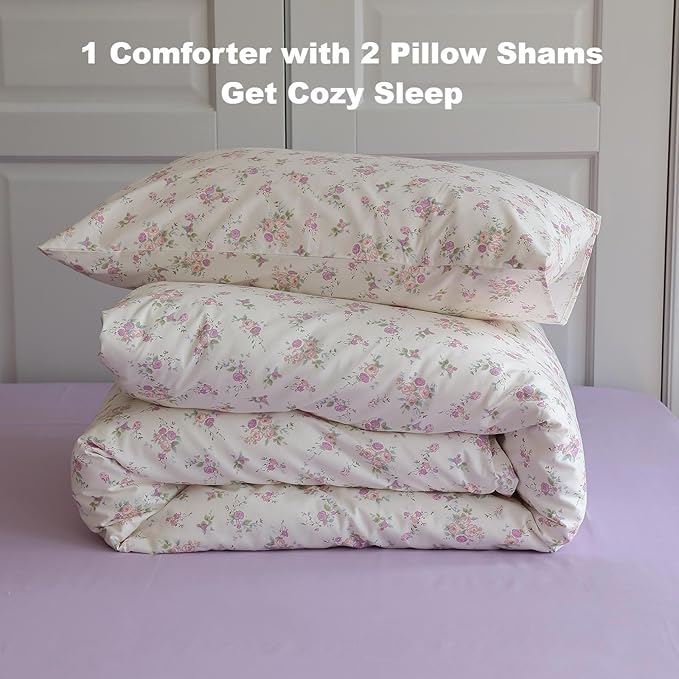 Vintage Floral Comforter Set King 3 Pieces Boho Floral Bedding Comforter Fluffy Soft Botanical Flowers Comforter with 2 Pillowcases Cottagecore Bedding Set Pink Purple Flowers King Comforter Set