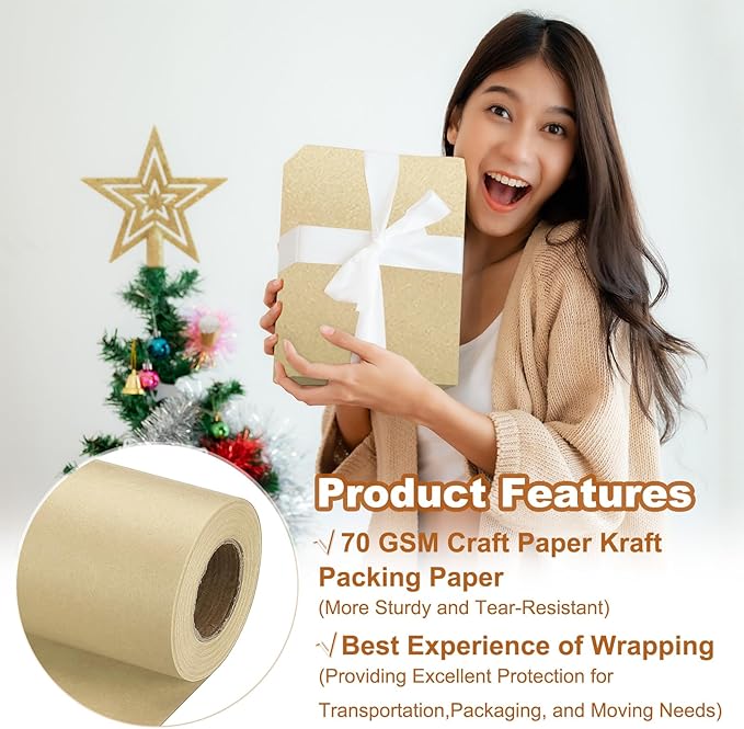 PATIKIL Wrapping Paper, 12" x 500"(42') 70 GSM Craft Paper Roll Kraft Packing Paper for Poster Bulletin Board, Gift Wrapping, Brown
