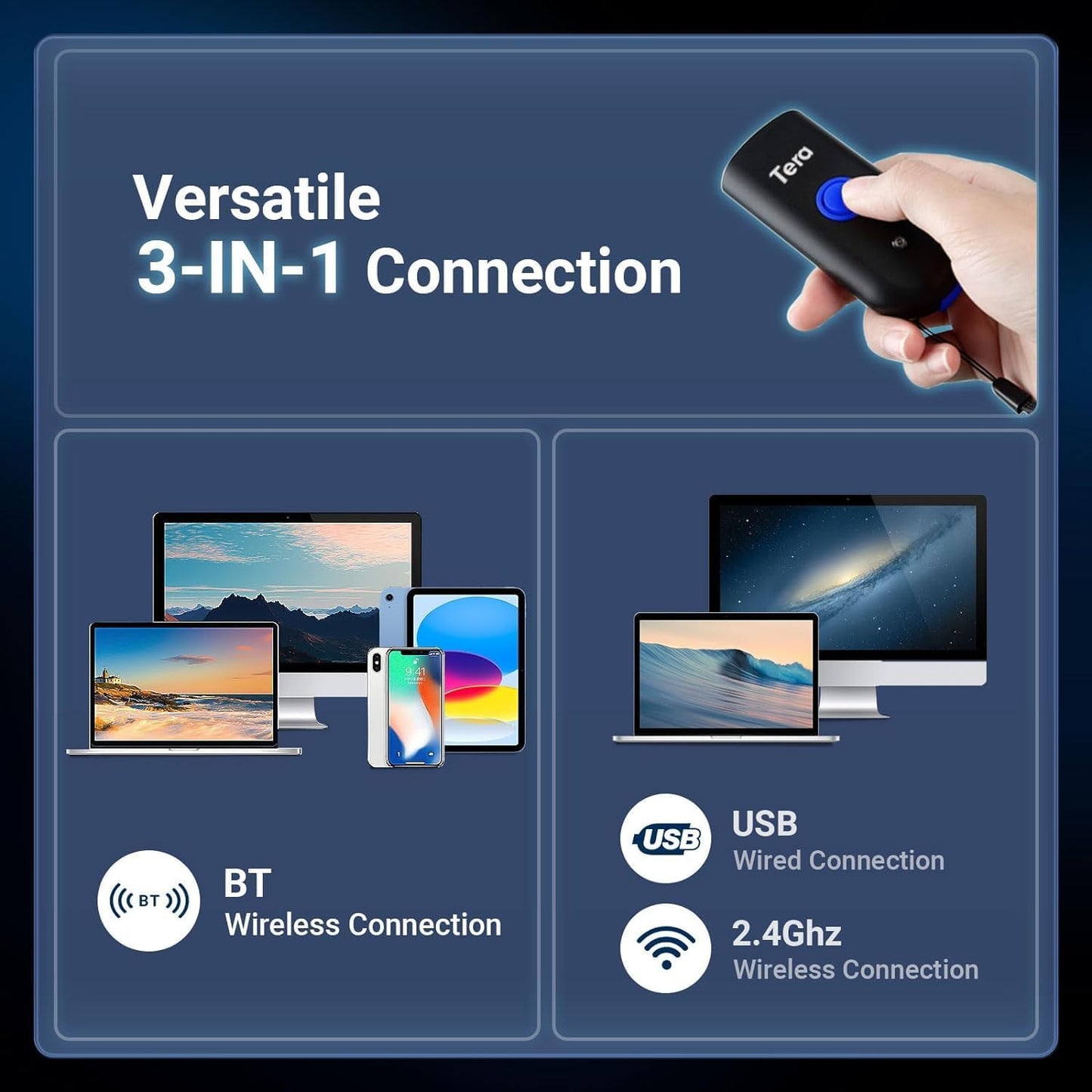 Tera 1D Bluetooth Mini Barcode Scanner - 3-in-1 Wireless & Wired Laser Reader for iOS, Windows, Android