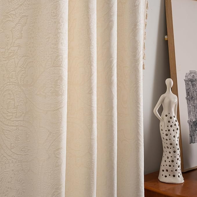 ENJOYBRIDAL Paisley 84 Inch Curtains for Bedroom Living Room Drapes Jacquard Semi Sheer Off White Floor Length Window Curtains 2 Panels Set Rod Pocket Boho Farmhouse Floral Cream Window Treatments