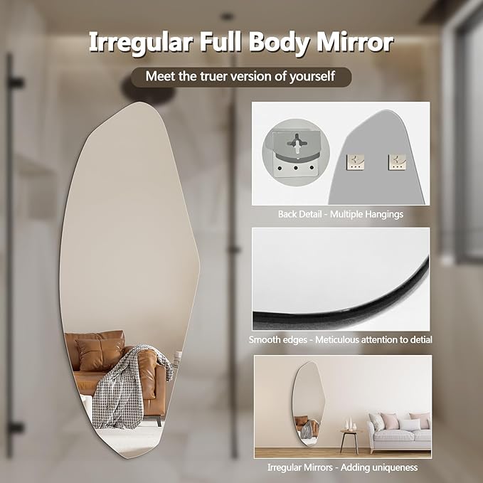 Irregular Full Length Mirror, 61"x24" Frameless Full Body Mirror, Asymmetrical Wall Mirrors for Bedroom, Living Room, Cloakroom, Explosion-Proof, Waterproof, Horizontal/Vertical