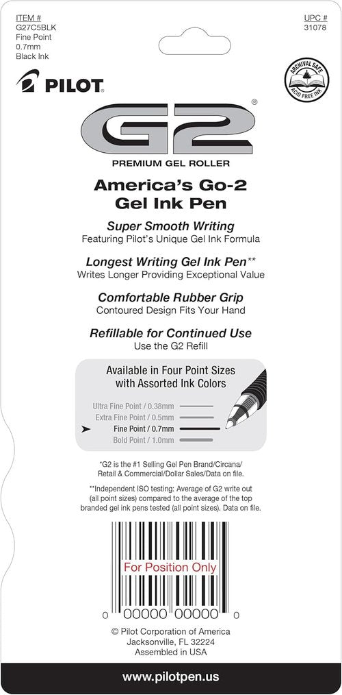 Pilot G2 Gel Roller Pens - Smooth Writing Fine Point 0.7mm - Black Ink, Pack of 5