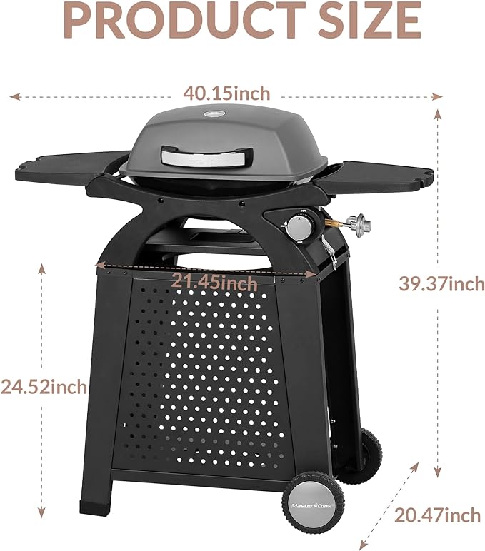 MASTER COOK Single Burner Propane Gas Grill, 266 Sqin Cooking Area, 11,500 BTU Portable Tabletop Barbecue Grill with Cart for Patio, Camping, Travel