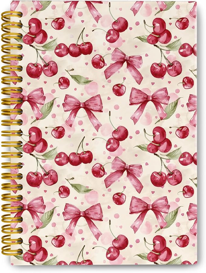 JKMBN Coquette Pink Bow Cherry Spiral Notebook for Women Girls, Vintage Journaling Notebooks, Cute Pink Notebook Journal, Pink Office Supplies, Hardcover Spiral Lined Notebook 5.5 x 8.3