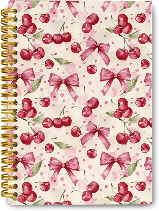 JKMBN Coquette Pink Bow Cherry Spiral Notebook for Women Girls, Vintage Journaling Notebooks, Cute Pink Notebook Journal, Pink Office Supplies, Hardcover Spiral Lined Notebook 5.5 x 8.3