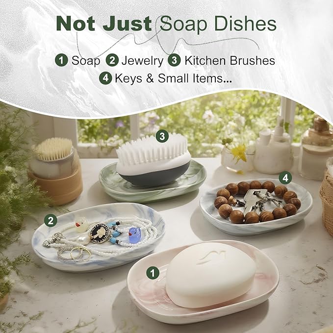 Elegant Ceramic Soap Dish for Shower with Unique Marble Texture, Decorative Bar Soap Holder for Bathroom & Kitchen, Easy Clean Versatile Oval Soap Dishes for Soap Bar