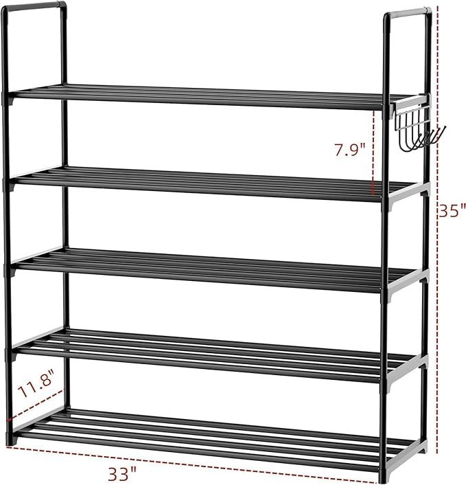 HOMICKER Metal Shoe Organizer,5 Tiers Shoe Storage Shoe Rack with Hooks,Fit 20-25 Pairs,Adjustable Shoe Shelf for Entryway,Hallway,Bedroom,Metal Bottom Support