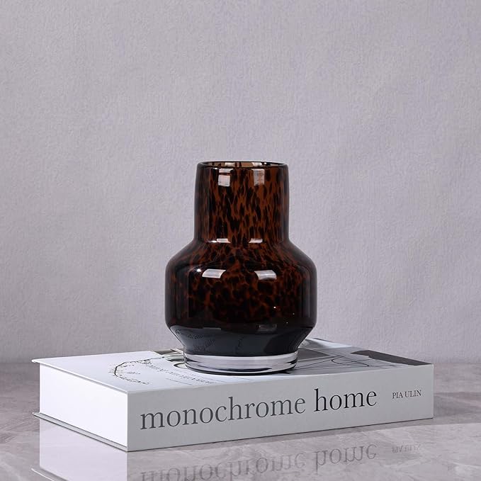 Amber Vase – Brown Glass, Modern Clear Glass Vase with Wide Mouth for Flowers, Decorative Bottles for Home Decor, Farmhouse Centerpiece, Round Art Glass Vase for Living Room, Kitchen, Office (S)