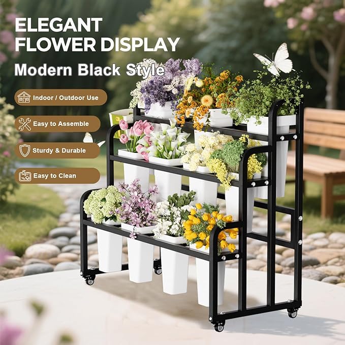 Heavy Duty 3-Layer Metal Flower Display Stand, 11-Bucket Flower Bar with Tool Basket, Thickened Frame & 360° Swivel Wheels, Flower Cart for Patio, Garden, Florist, Wedding & Party (Black)
