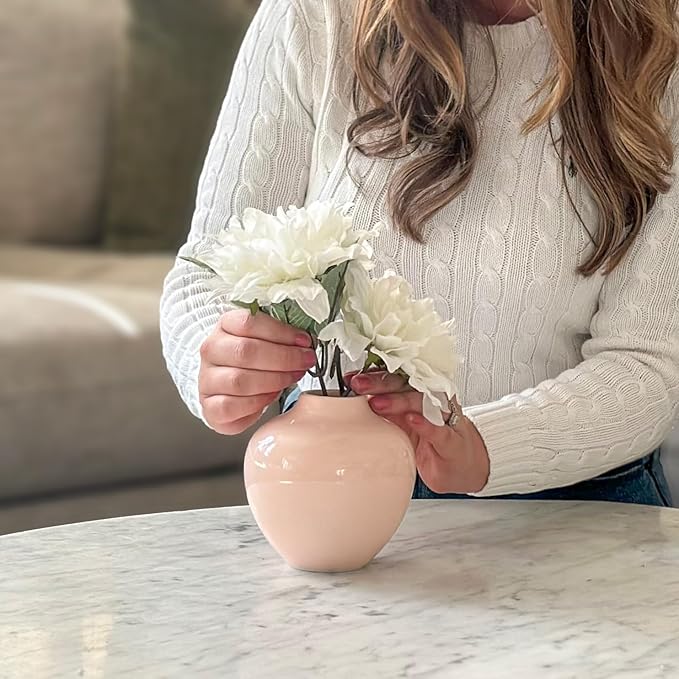 Willowy Small Pinkish-Beige Porcelain Flower Vase – 5 Inch Glossy, Ceramic Pink Vases for Home Decor, Tan Vases for Flowers, Mini/Short Beige Round Vase