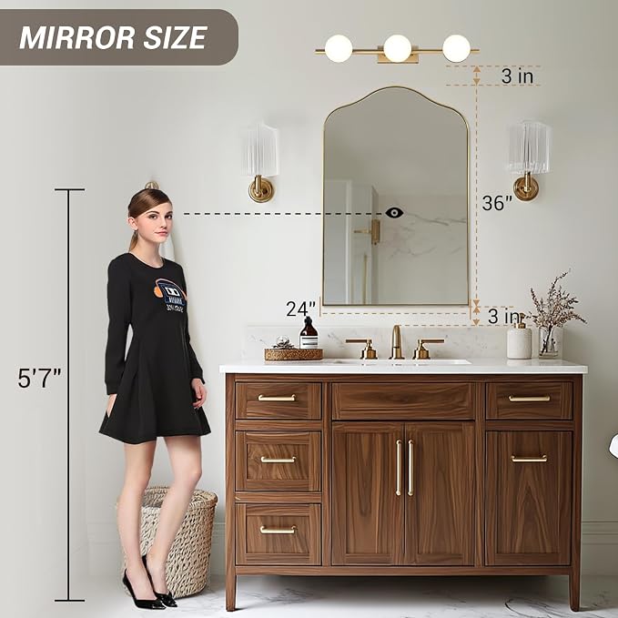 ANDY STAR Brass Scalloped Arched Wall Mirror, 24x36 Brushed Gold Irregular Bathroom Mirror with Curved Design for Vanity, Powder Room, Fireplace, Mantel, with Stainless Steel Metal Frame