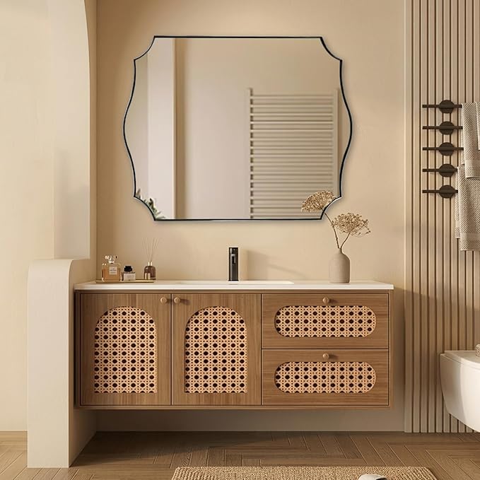 ANDY STAR 32x40 Inch Silver Mirror, Mirrors for Bathroom Sink, Large Brushed Nickel Mirror in Anti-Rust Stainless Steel Thin Frame, Elegant Curved Scallop Design, Wall-Mounted (Horizontal/Vertical)