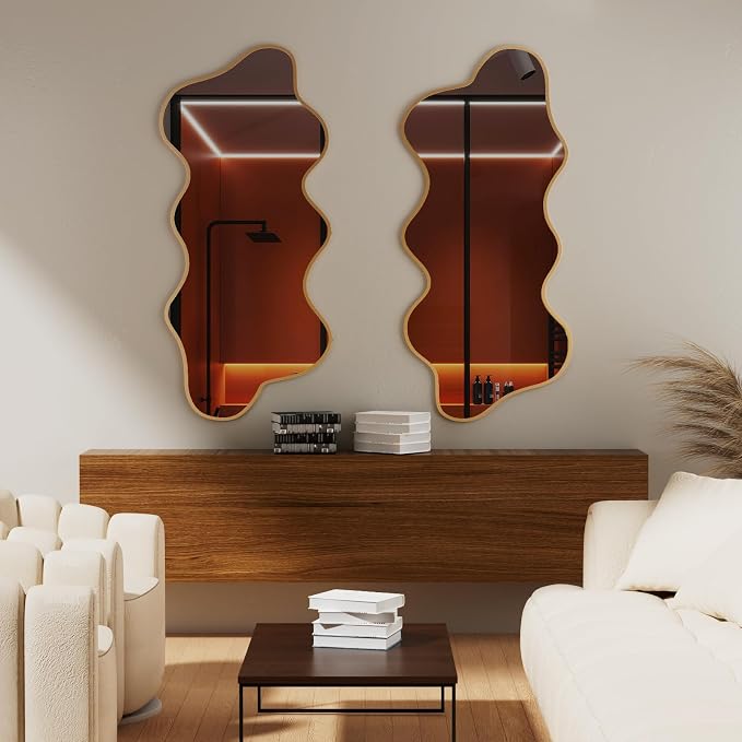 Irregular Wall Mirror Wavy Asymmetrical Shaped Aluminum Alloy Framed Big Unique Full Length Mirror for Living Room Bathroom Bedroom Entryway Fireplace (Gold, 47"x21")