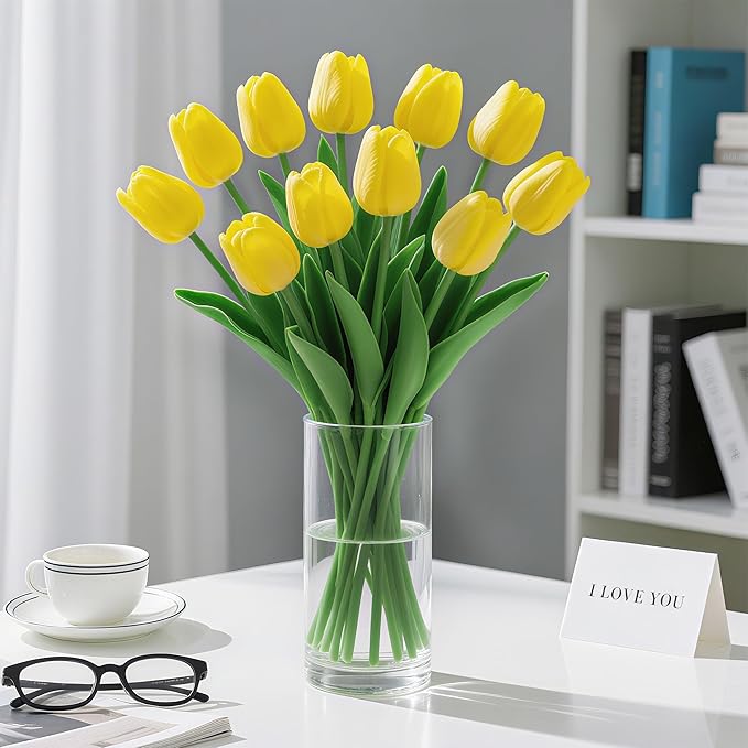 20Pcs Fake Tulips Artificial Flowers Faux Tulips Real Touch PU 13" Yellow Tulip Bouquet for Home Kitchen Decor Home Party Office Decorations