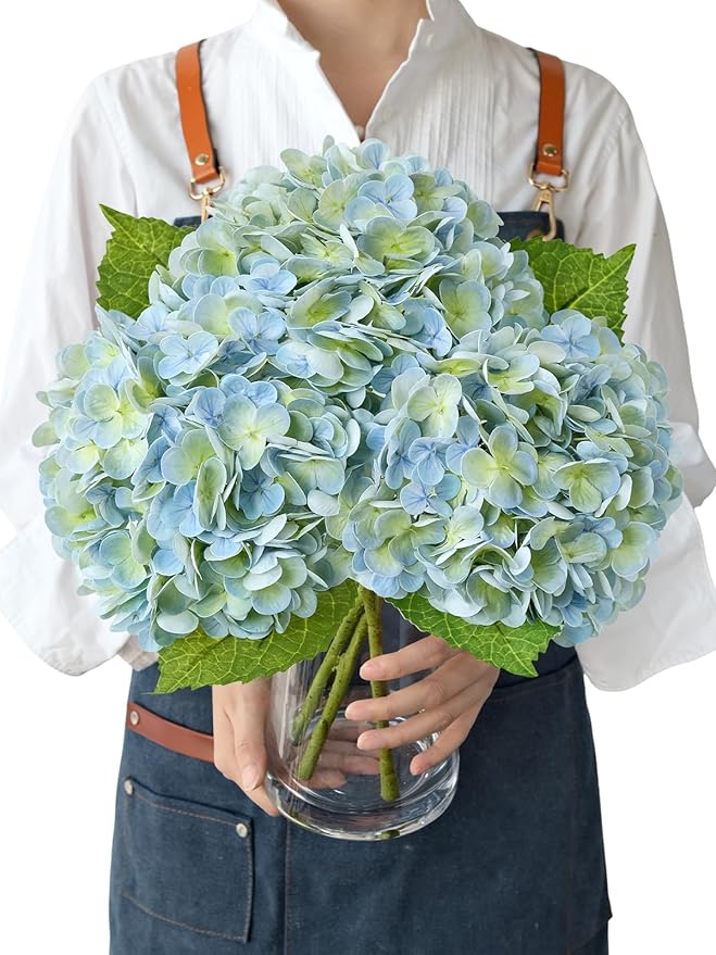 Light Blue Artificial Hydrangea Flowers, 3Pcs 21” Latex Real Touch Flowers, Faux Silk Flowers Fake Hydrangeas with Stems for Bouquet Table Centerpieces Halloween