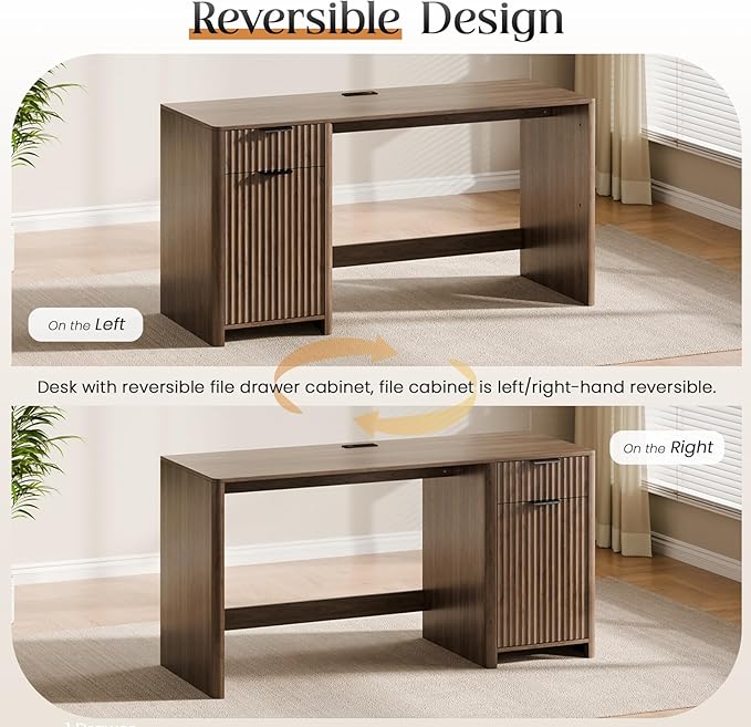 60" Fluted Home Office Desks with Storage, Modern Executive Desk Computer Desk with Drawer & Cabinet, Wood Work Desk for Office, Bedroom, Study, Living Room, Walnut