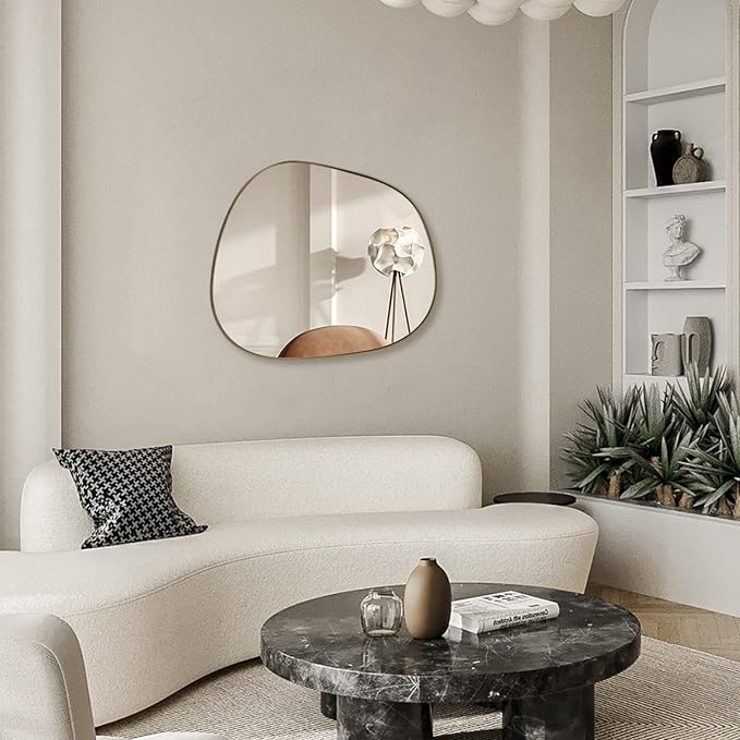 ELEHUME Asymmetrical Mirror for Wall Decor 27"*35", Modern Brass Framed Wall Mirror for Living Room Bathroom Bedroom Entryway ELE-STOU-0063G