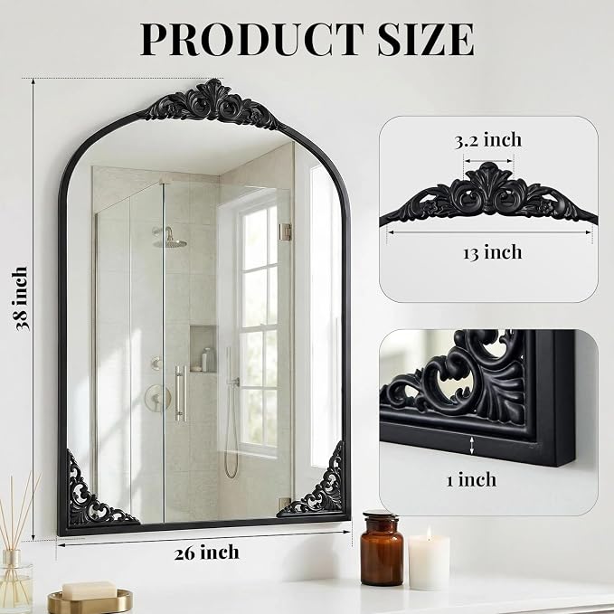 Vintage Arched Mirror 26x38 Inch Black Bathroom Mirror Antique Ornate Baroque Mirror for Living Room Entryway Bathroom Fireplace
