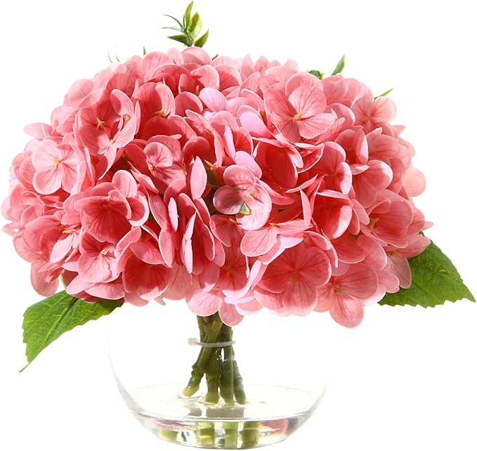 Artificial Flowers Hydrangea Artificial Flowers with Vase Silk Fake Flowers Arrangements in Vase with Faux Water for Home Bathroom Office Table Centerpiece Shelf Decorations (Pink)
