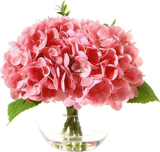 Artificial Flowers Hydrangea Artificial Flowers with Vase Silk Fake Flowers Arrangements in Vase with Faux Water for Home Bathroom Office Table Centerpiece Shelf Decorations (Pink)