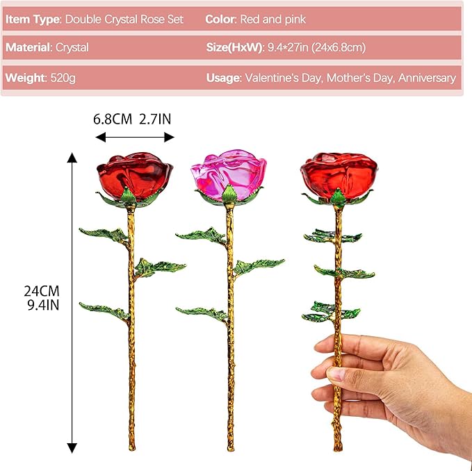 HDCRYSTALGIFTS 9.5'' Crystal Rose Flower Glass Pink and Rose Red Flower with Green Leaves for Wedding Anniversary/Wife, Romantic Forever Valentine's Gifts for Her (Pack of 2)