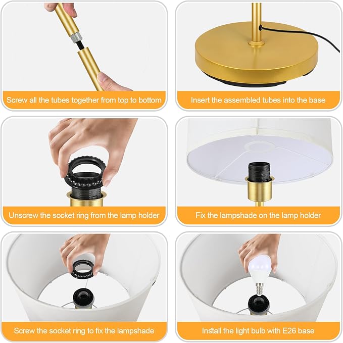 Gold Floor Lamps for Living Room, Modern Standing Lamp, White Lamp Shades, Foot Switch, Simple Pole Lamps Tall Lamp for Bedroom,Office/Living Room/Nightstand, Boho Reading Lamp(Bulb Not Included)
