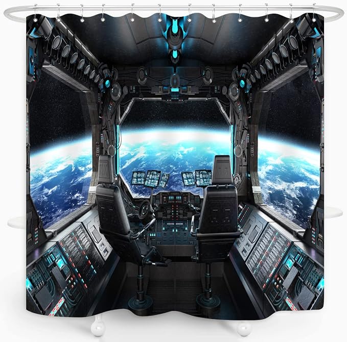 Spaceship Interior Shower Curtain Planet Earth Galaxy Futuristic Science Spacecraft Cabin for Kids Boy Black Home Bathroom Decor Waterproof Fabric 72Lx72W Inch with 12PCS Hooks