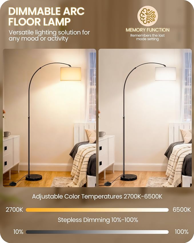 75" Arc Floor Lamp with Marble Base and Adjustable Height, Rotating Hanging Shade, Dimmable Floor Lamp for Living Room with Remote and Foot Switch, 3CCT, Over Couch Arched Light, White Shade W15LD05