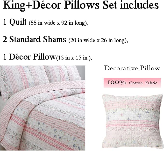 Cozy Line Home Fashions Shabby Chic Pink Flower Lace Ruffle Stripe 100% Cotton Reversible Quilt Bedding Set, Coverlet, Bedspread (Pink,King - 4 Piece: 1 Quilt + 2 KingSham + 1 Décor Pillow)