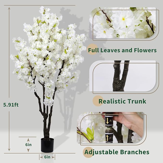 6ft Tall Cherry Blossom Artificial Tree, Handmade White Cherry Tree, Fake Flower Faux Silk Leaves Plant, Artificial Plants for Home Office Indoor Outdoor Party Wedding Christmas Decor