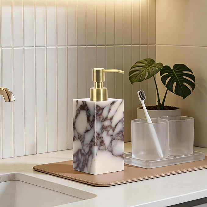 Natural Marble Soap Dispenser for Bathroom and Kitchen Countertop - 5.41 Ounces Hand Lotion and Liquid Stone Shampoo Laundry Bottle with Pump (1, Calacatta Viola, Rectangular Bottle)