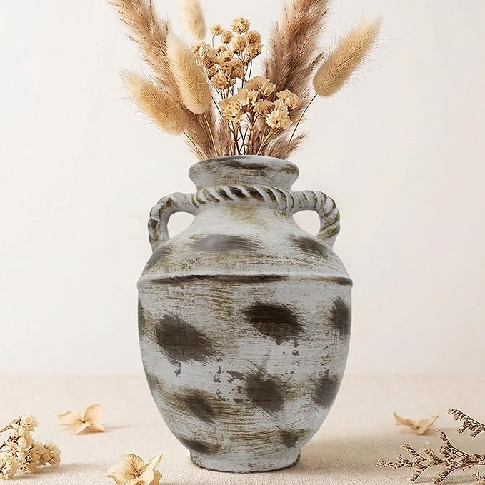 Rustic Ceramic Flower Vase Home Decor, 11 inch Large Pottery Decorative Vase for Centerpieces, Modern Farmhouse Vintage Vase for Dining Table, Living Room,Kitchen, Shelf (Round)