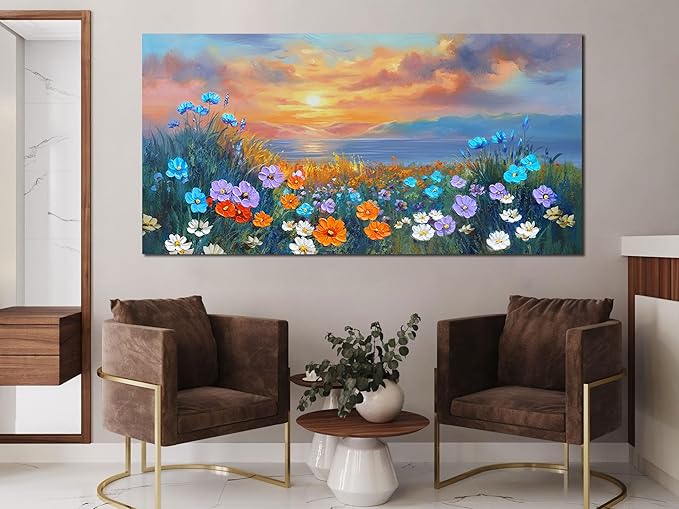 Ardemy Landscape Wall Art for Living Room Extra Large Wildflower Pictures Wall Decor Coastal Sunset Floral Canvas Textured Bedroom Flower Paintings Artwork Home Office, 48"x24"