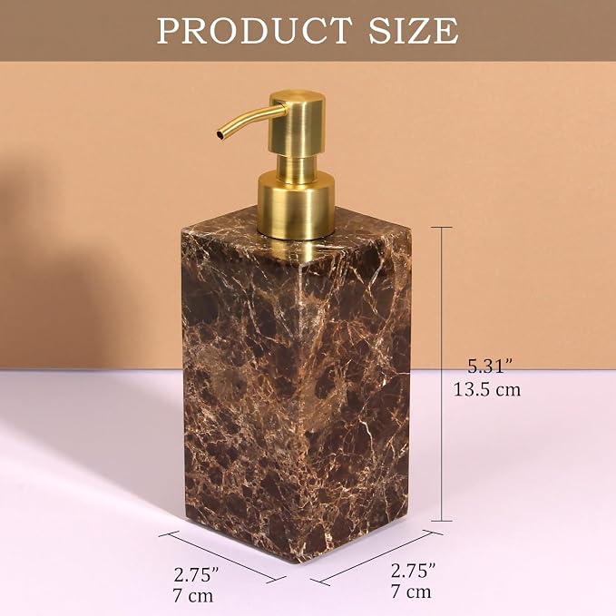 Natural Marble Soap Dispenser for Bathroom and Kitchen Countertop - 5.41 Ounces Hand Lotion and Liquid Stone Shampoo Laundry Bottle with Pump (1, Dark Brown, Rectangular Bottle)
