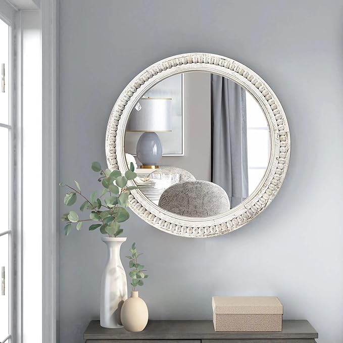 dwellington Rustic Round Wall 24 Inch Wood Circle Mirror with Beads, Decorative Farmhouse Mirror for Living Room, Bedroom, Kitchen, Entryway (White)