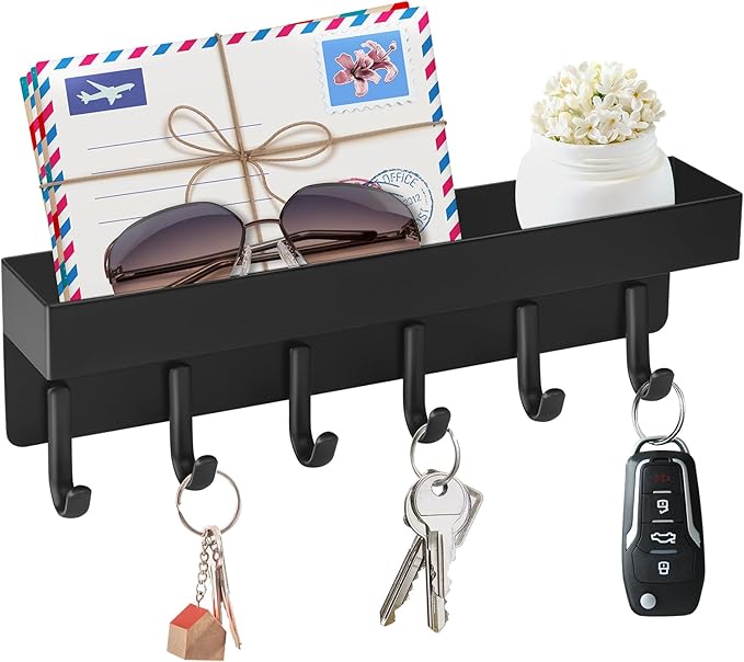 VIS'V Magnetic Key Holder Wall Mount, Compact Metal Key Rack with Tray, 6 Hooks, 2 Mount Options, Black