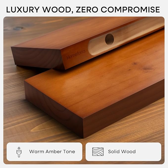 Homeforia Oak Floating Shelves 30 inch Long, High End Solid Real Wood 30inch Floating Shelves for Wall Mounted, Honey Oak Wooden 30in Floating Shelf, Heavy Duty Bracket, 30 X 6.5 X 1.75 in, Set of 3