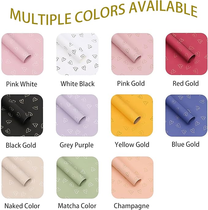 MLSG 20 Sheet Solid Color Heart Wrapping Paper - Waterproof Floral Bouquet Wrapping Paper, Florist Supplies Packaging Paper for Wedding Birthday Gift Wrap Paper(White Black)